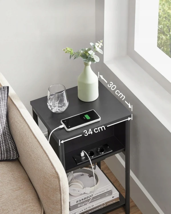 Stolik nocny z listwą zasilającą SONGMICS – 3 półki, USB, do 30 kg, czarny