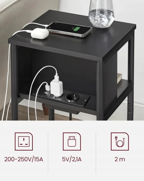 Stolik nocny z listwą zasilającą SONGMICS – 3 półki, USB, do 30 kg, czarny