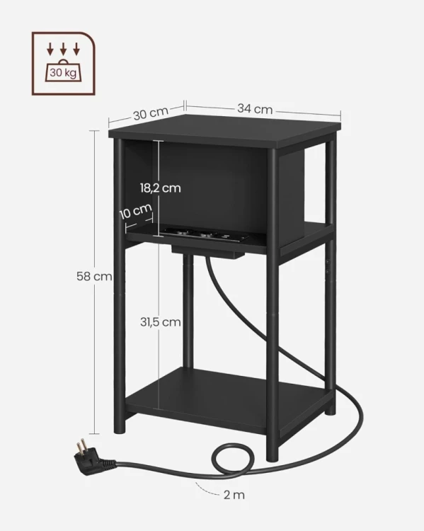 Stolik nocny z listwą zasilającą SONGMICS – 3 półki, USB, do 30 kg, czarny