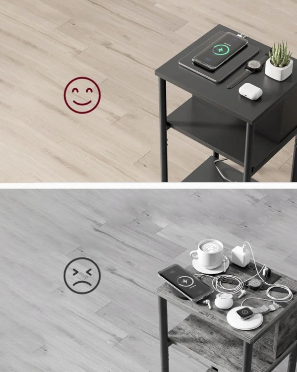 Stolik nocny z listwą zasilającą SONGMICS – 3 półki, USB, do 30 kg, czarny