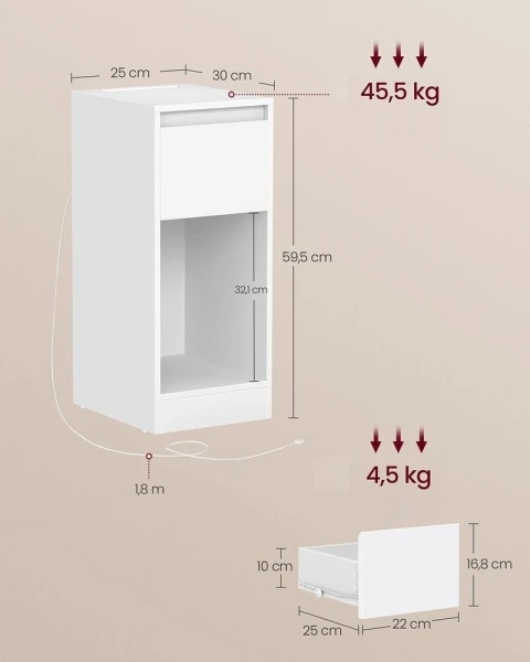 Stolik nocny LED VASAGLE – USB-A, USB-C, wąski, szuflada, biały