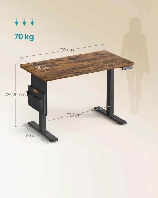 Biurko elektryczne 100 x 60 cm wysokość 72-120 cm, rustykalny brąz SONGMICS
