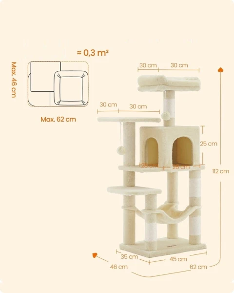 Drapak dla kota 112 cm z hamakiem budką i platformami FEANDREA beżowy
