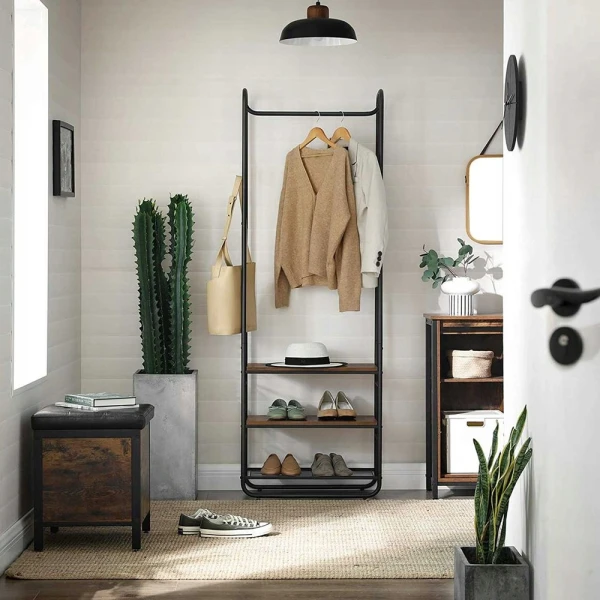Wieszak na ubrania z półkami hakami drążkiem VASAGLE loft rustykalny brąz