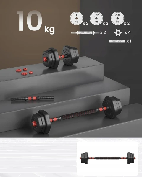 Hantle bitumiczne 10 kg SONGMICS regulowane, zestaw 3w1, sztanga