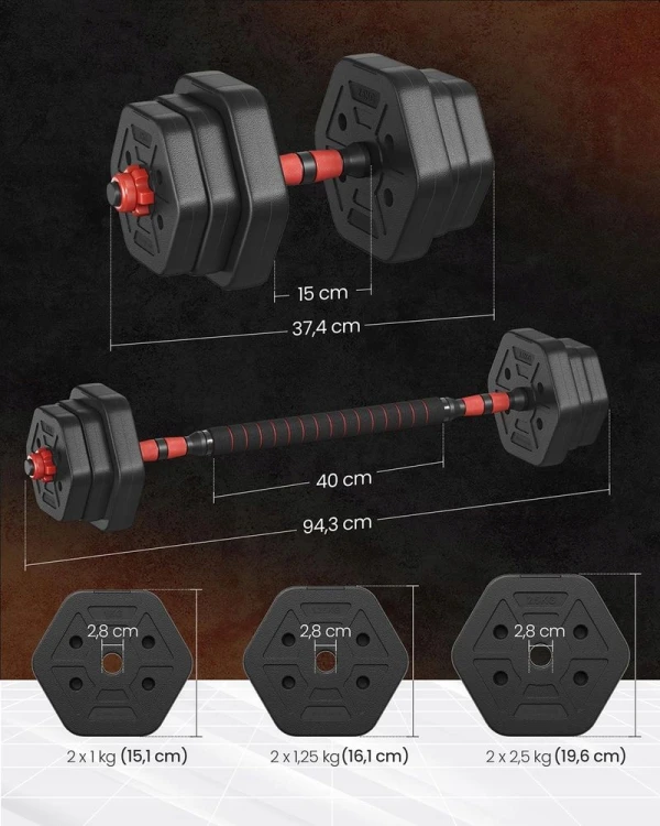 Hantle bitumiczne 10 kg SONGMICS regulowane, zestaw 3w1, sztanga