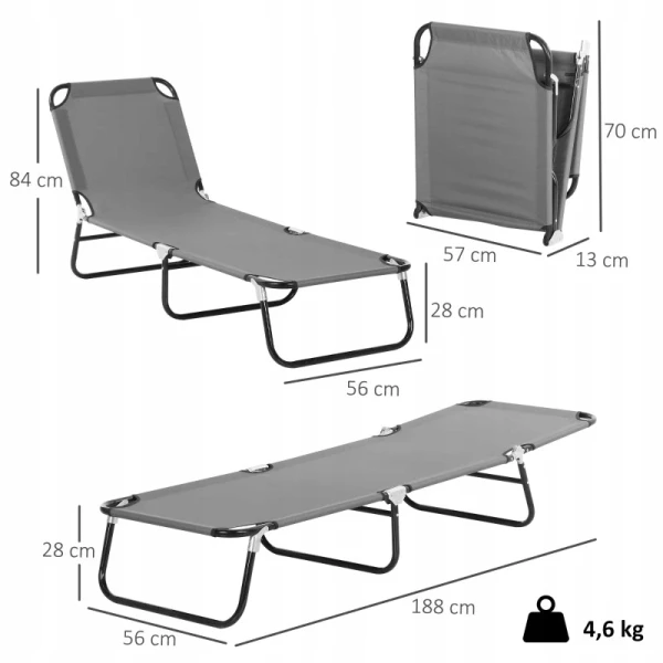 Leżak plażowy leżanka składana regulowana 188 cm, szary Outsunny