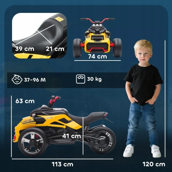Quad elektryczny dla dzieci AIYAPLAY 12V ATV 3-kołowy MP3 LED żółty