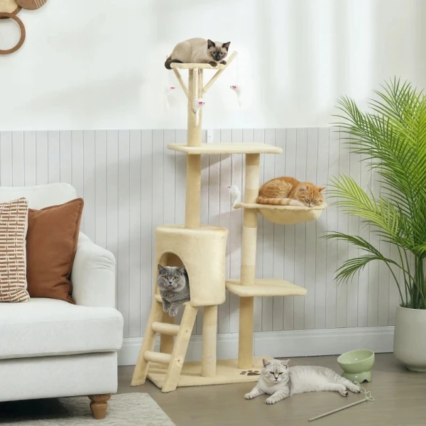 Drapak dla kota PawHut 134 cm z domkiem, legowiskiem, platformą, beżowy