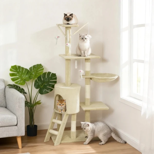 Drapak dla kota PawHut 134 cm z domkiem, legowiskiem, platformą, beżowy