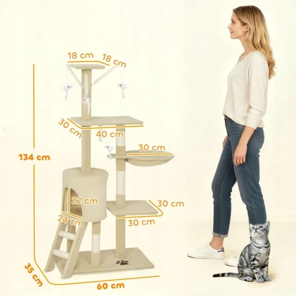 Drapak dla kota PawHut 134 cm z domkiem, legowiskiem, platformą, beżowy