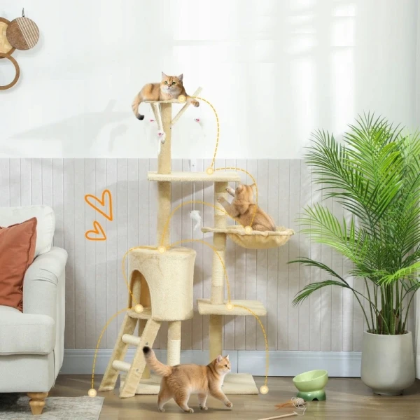 Drapak dla kota PawHut 134 cm z domkiem, legowiskiem, platformą, beżowy