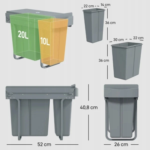 Kosz na śmieci do zabudowy 30L HOMCOM 20+10L wysuwany szary