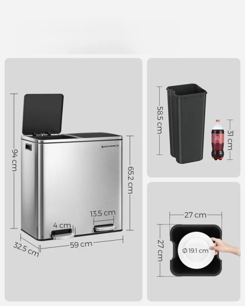 Kosz na śmieci SONGMICS 2 x 30L - stalowy, dwukomorowy, srebrny