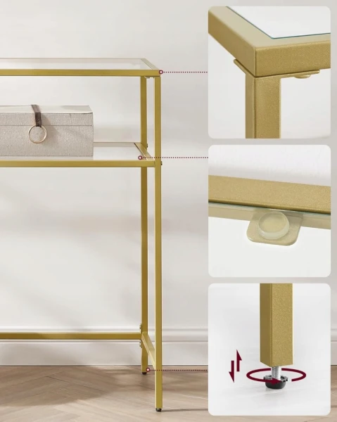 Stolik konsolowy szklany złoty 100x35x80 cm konsola VASAGLE