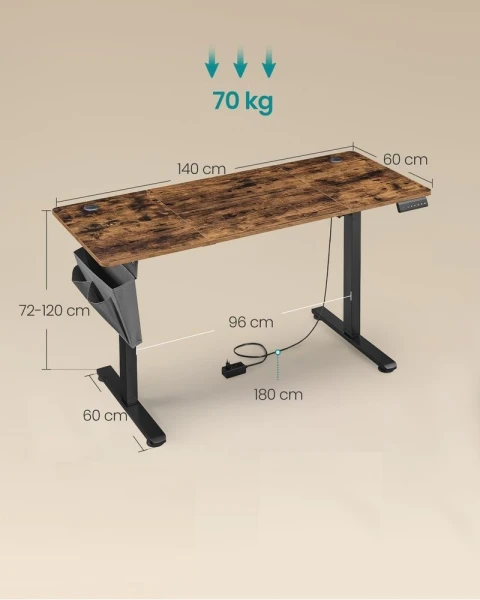 Biurko elektryczne SONGMICS 140x60 cm wysokość 72-120 cm rustykalny brąz