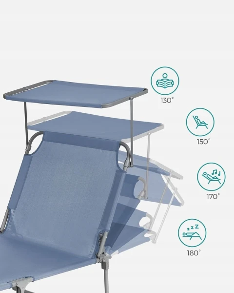 Leżak ogrodowy SONGMICS składany z daszkiem 200 x 71 cm do 150 kg niebieski