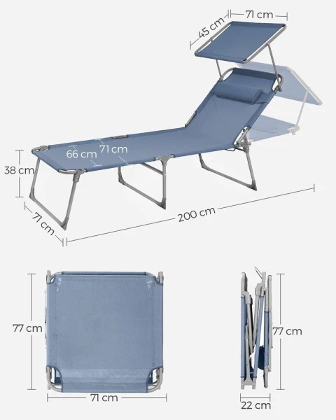 Leżak ogrodowy SONGMICS składany z daszkiem 200 x 71 cm do 150 kg niebieski