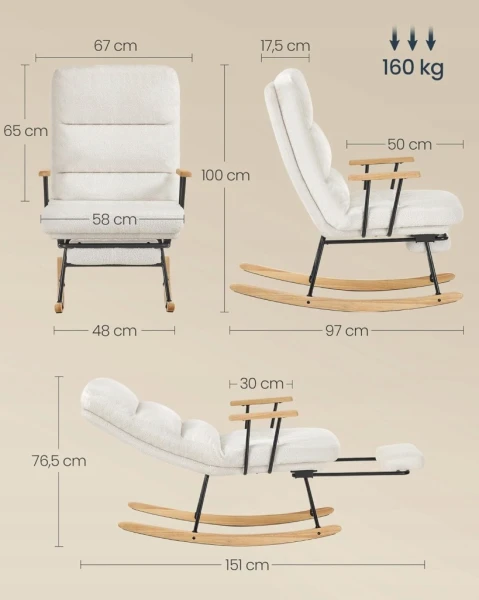 Fotel bujany z podnóżkiem SONGMICS regulowany polar kremowo-biały do 160 kg