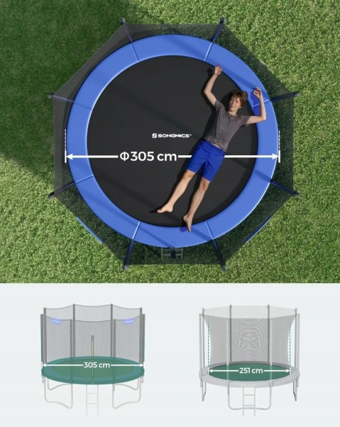 Trampolina ogrodowa 305 cm z siatką i drabinką do 150 kg niebieska SONGMICS
