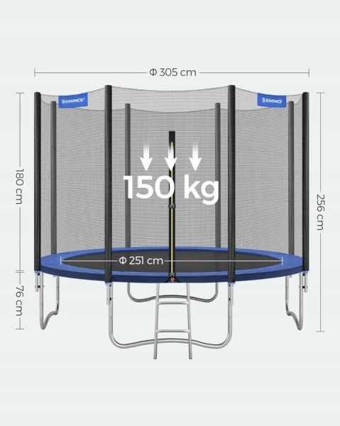 Trampolina ogrodowa 305 cm z siatką i drabinką do 150 kg niebieska SONGMICS