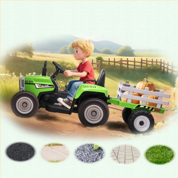Elektryczny traktor z przyczepą dla dzieci HOMCOM 12V pilot 3-6 lat zielony