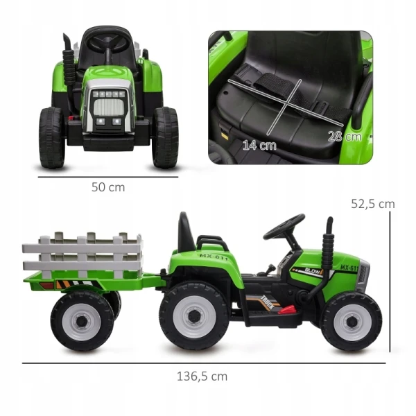 Elektryczny traktor z przyczepą dla dzieci HOMCOM 12V pilot 3-6 lat zielony