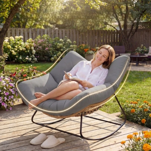 Fotel ogrodowy bujany z poduszką rattan PE szary Outsunny