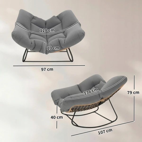 Fotel ogrodowy bujany z poduszką rattan PE szary Outsunny