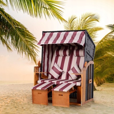 Leżak dwuosobowy z daszkiem i podnóżkiem Outsunny rattan PE drewno czerwony