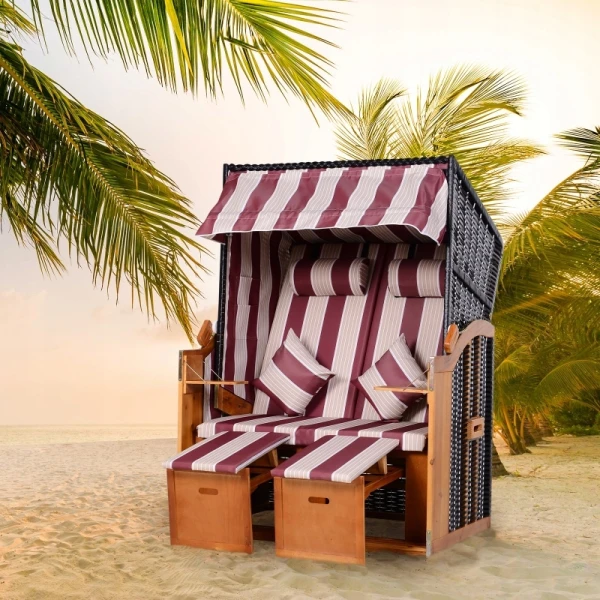 Leżak dwuosobowy z daszkiem i podnóżkiem Outsunny rattan PE drewno czerwony