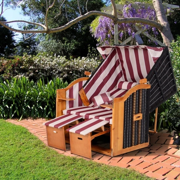 Leżak dwuosobowy z daszkiem i podnóżkiem Outsunny rattan PE drewno czerwony