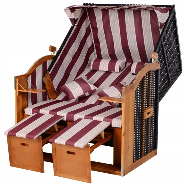 Leżak dwuosobowy z daszkiem i podnóżkiem Outsunny rattan PE drewno czerwony