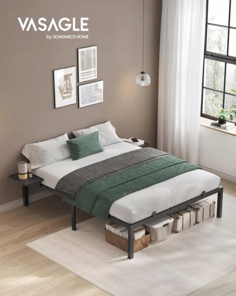 Łóżko podwójne z półkami rama łóżka 160x200 cm metalowe czarne VASAGLE