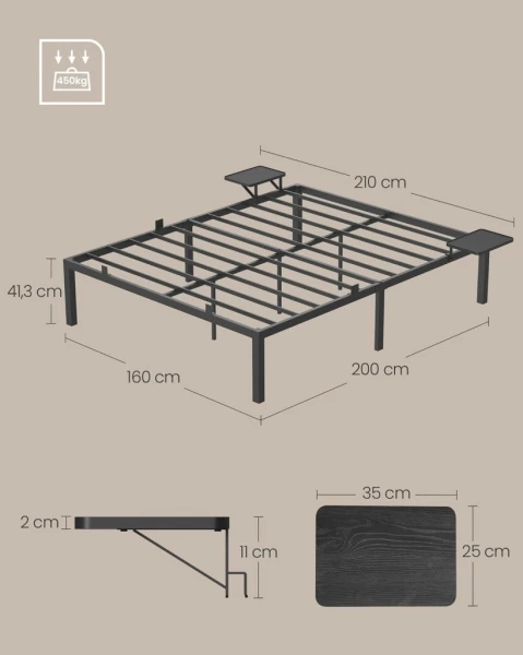 Łóżko podwójne z półkami rama łóżka 160x200 cm metalowe czarne VASAGLE