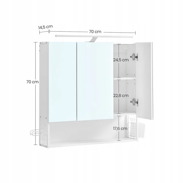 Szafka łazienkowa z lustrem i oświetleniem LED biała 70x14,5x70 cm VASAGLE