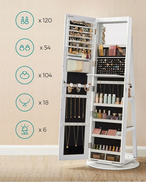 Szafka na biżuterię z lustrem LED 360° SONGMICS stojąca, obrotowa, biała