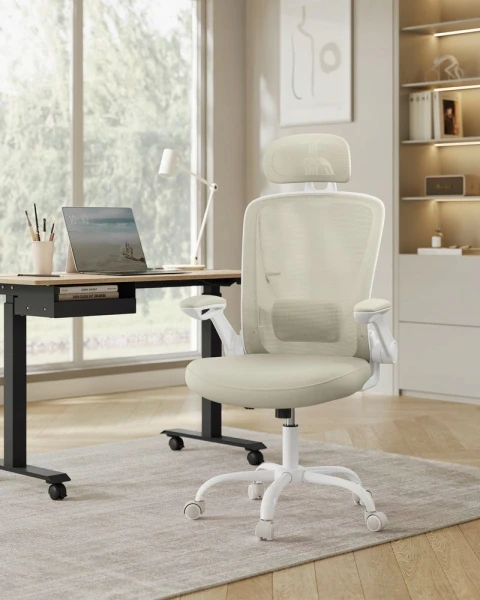 Ergonomiczny fotel biurowy SONGMICS regulowany, obrotowy, beżowy