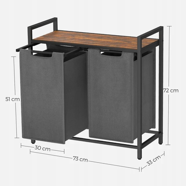 Kosz na pranie z półką 2-komorowy 2 x 46L rustykalny brąz + szary VASAGLE