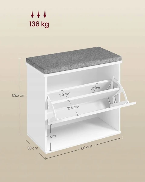 Szafka na buty z siedziskiem i schowkiem 60x30x53,5 cm biała VASAGLE