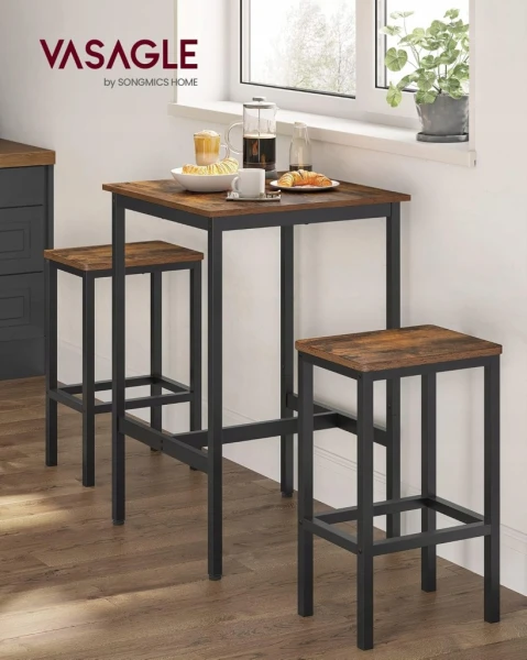 Zestaw barowy wysoki stół + dwa hokery rustykalny brąz VASAGLE styl loft