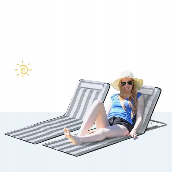 Leżak plażowy składany z regulowanym oparciem Outsunny szary zestaw 2szt.