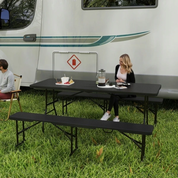 Zestaw składany stół campingowy z 2 ławkami Outsunny rattan HDPE czarny