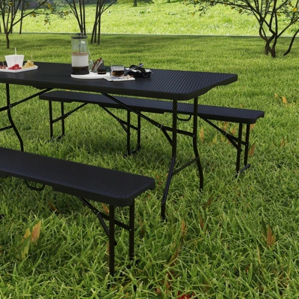 Zestaw składany stół campingowy z 2 ławkami Outsunny rattan HDPE czarny