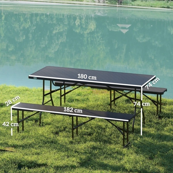 Zestaw składany stół campingowy z 2 ławkami Outsunny rattan HDPE czarny