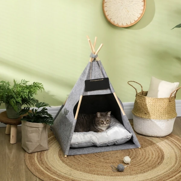 Namiot dla psa lub kota PawHut legowisko tipi z poduszką szary 58 cm