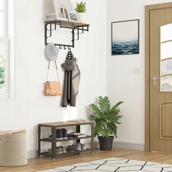 Ławka na buty z 2 półkami VASAGLE 73 cm industrialna szaro-czarna